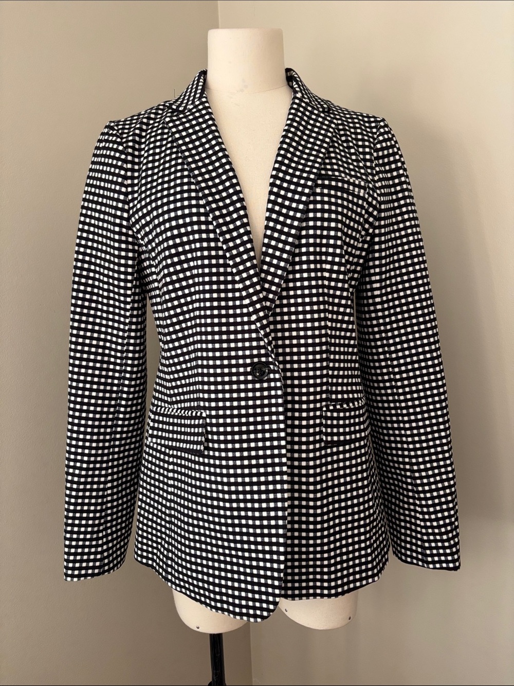 Banana Republic Long and Lean Blazer Navy & White Checked Single-Button Sz 6